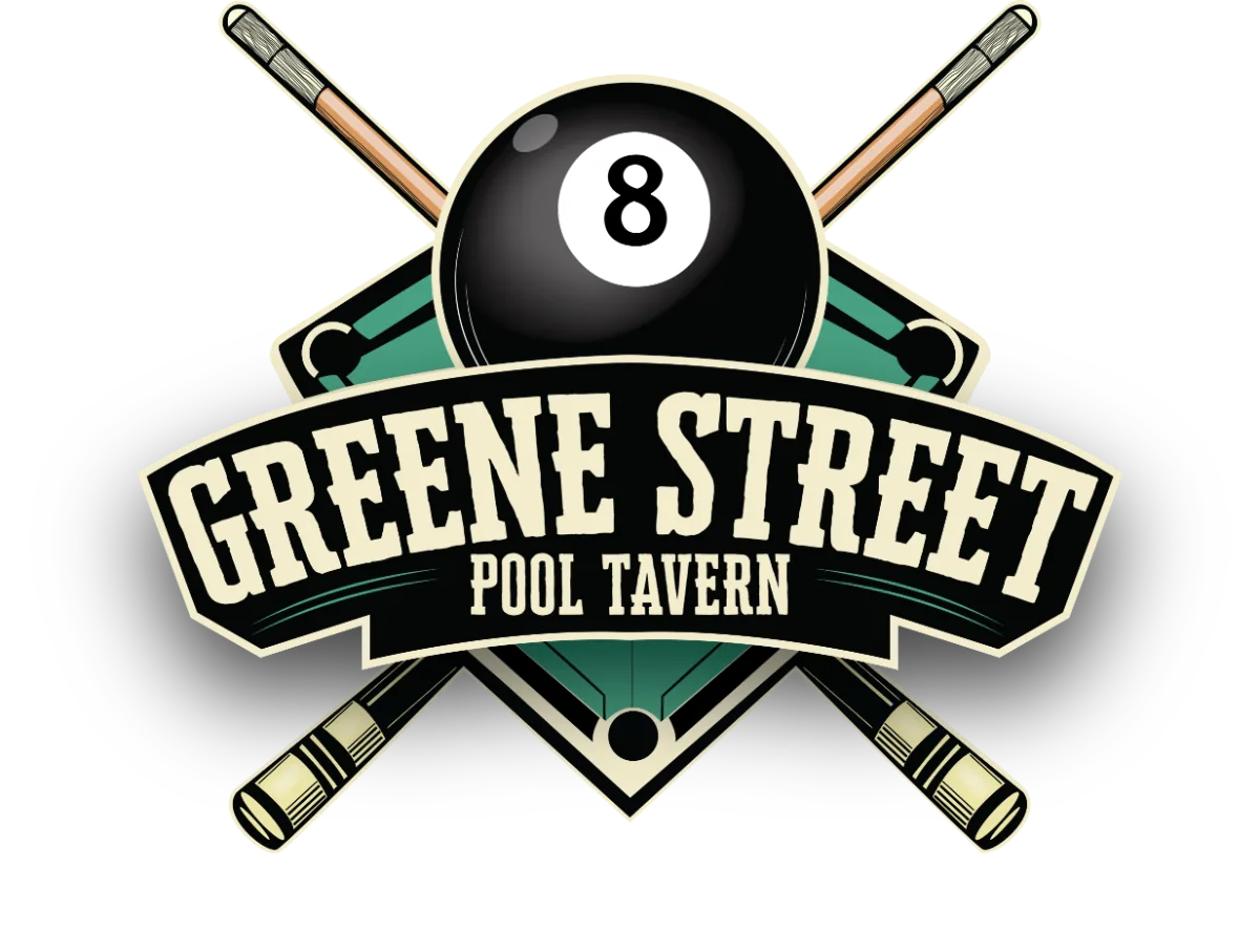 Greene Street Pool Tavern logo: an eight ball and crossed pool cues over a green felt crest